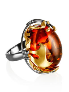 Яркое кольцо из натурального янтаря в серебре с позолотой «Версаль» Amberho