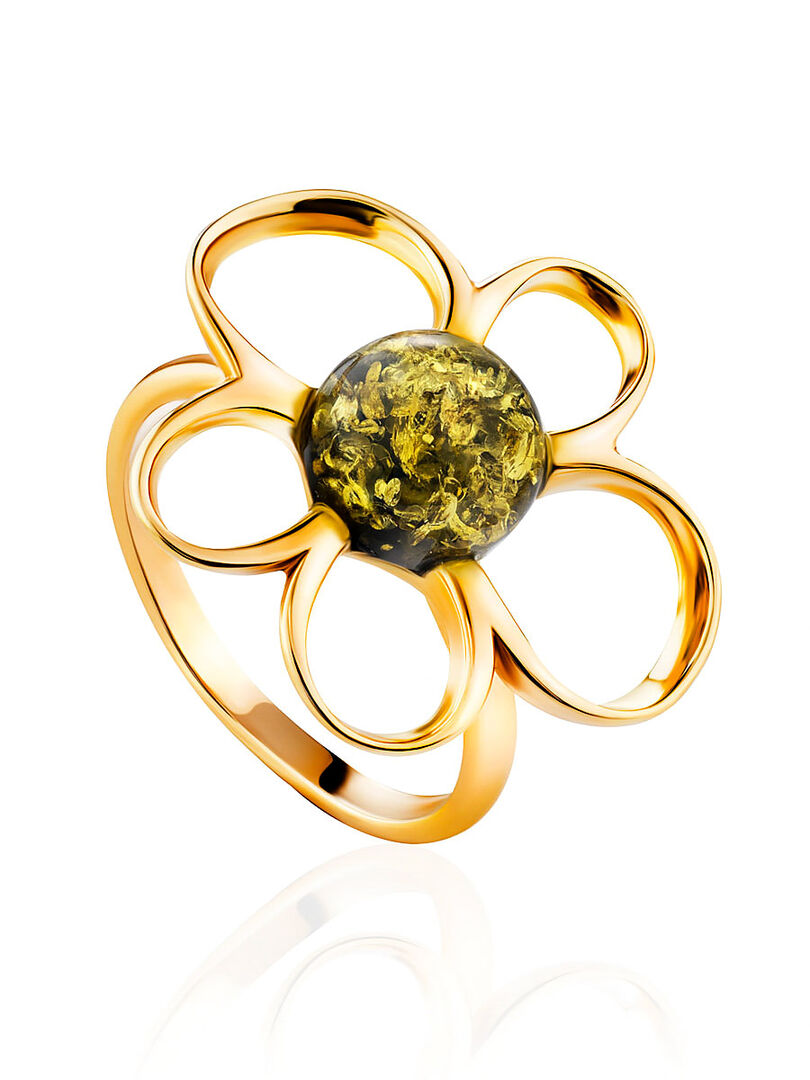 Ажурное кольцо из золота и янтаря зелёного цвета «Ромашка» Amberholl