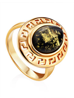 Элегантное кольцо «Эллада» из зелёного янтаря в позолоченном серебре Amberh