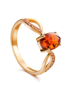 Тонкое золотое кольцо, украшенное янтарём и цирконитами «Ренессанс» Amberho