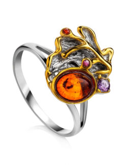 Фантазийное кольцо «Беатриче» из серебра и коньячного янтаря Amberholl