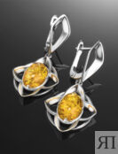 Серьги «Амьен» из серебра и натурального искрящегося янтаря золотистого цве