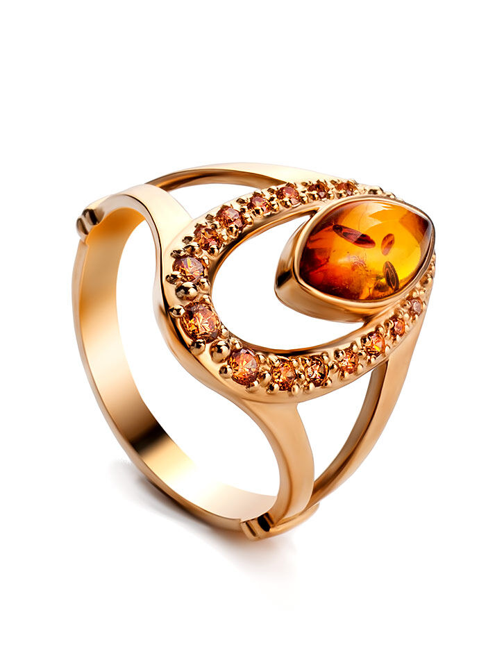 Женственное золотое кольцо «Ренессанс», украшенное янтарём и фианитами Ambe