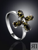 Стильное кольцо из серебра и янтаря зелёного цвета «Суприм» Amberholl
