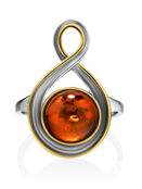 Стильное кольцо «Баркарола» из серебра и натурального янтаря коньячного цве