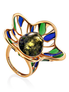 Роскошное кольцо из позолоченного серебра с натуральным янтарём и эмалью Ve