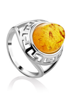 Элегантное кольцо в классическом дизайне с янтарём лимонного цвета «Эллада»