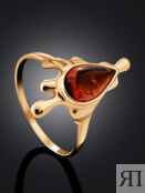 Оригинальное кольцо из позолоченного серебра с янтарём коньячного цвета «Ил