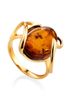 Стильное кольцо «Палермо» из позолоченного серебра с коньячным янтарём Ambe