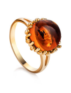 Красивое переливающееся кольцо «Бруния» с натуральным коньячным янтарём