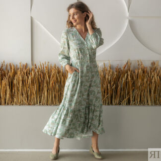 Платье миди Cozy Home Fiori зеленое с цветочным принтом